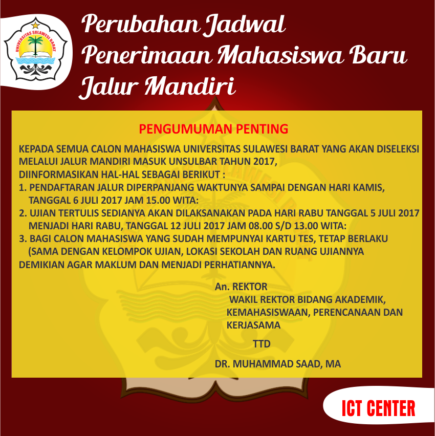 PENTING!!! PERUBAHAN JADWAL PENERIMAAN MAHASISWA BARU JALUR MANDIRI
