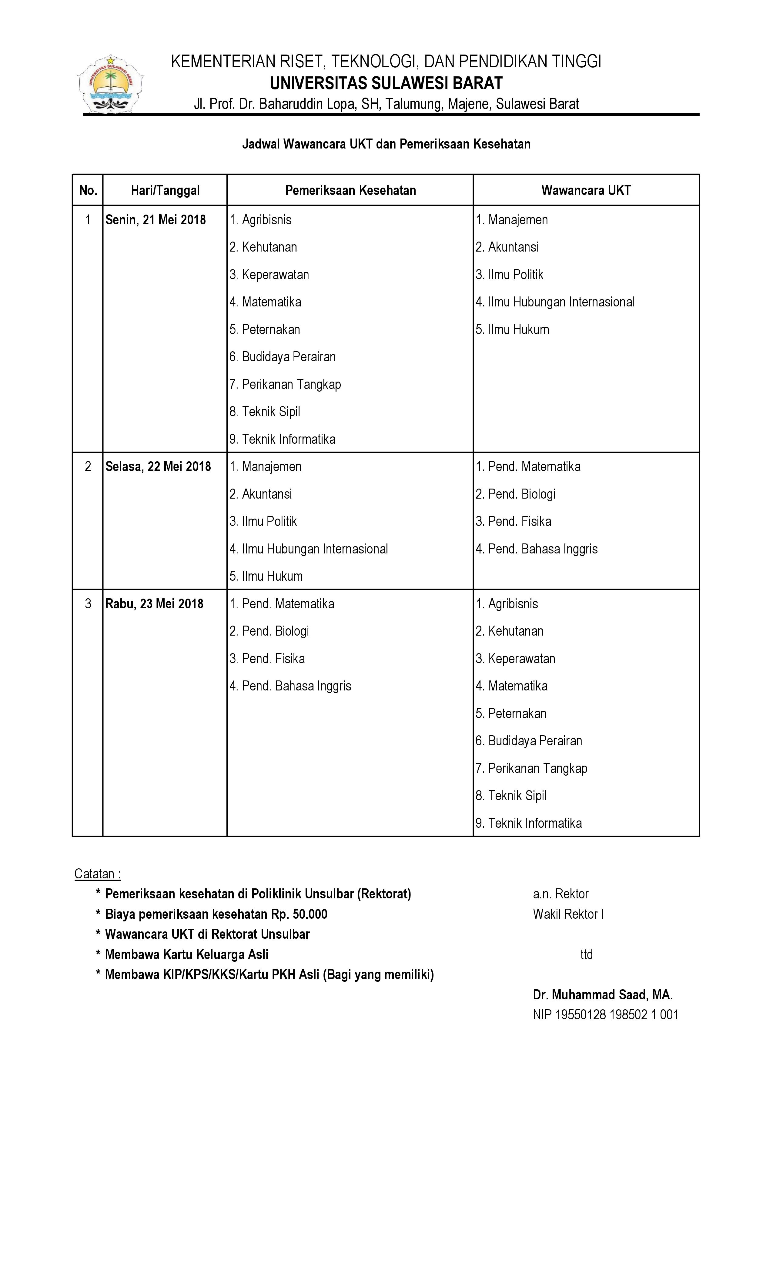 JADWAL WAWANCARA UKT & PEMERIKSAAN KESEHATAN UNTUK LULUSAN SNMPTN 2018