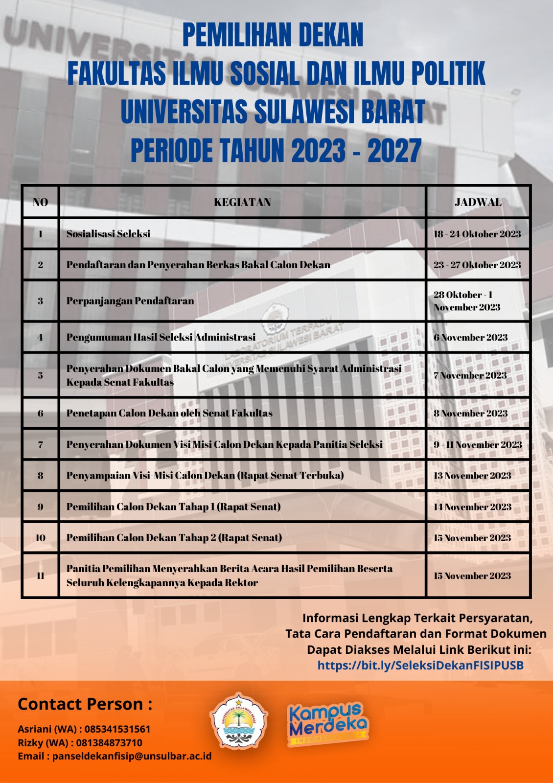 PROSES PENJARINGAN CALON DEKAN FAKULTAS ILMU SOSIAL DAN ILMU POLITIK UNIVERSITAS SULAWESI BARAT PERIODE TAHUN 2023-2027 TELAH DIMULAI