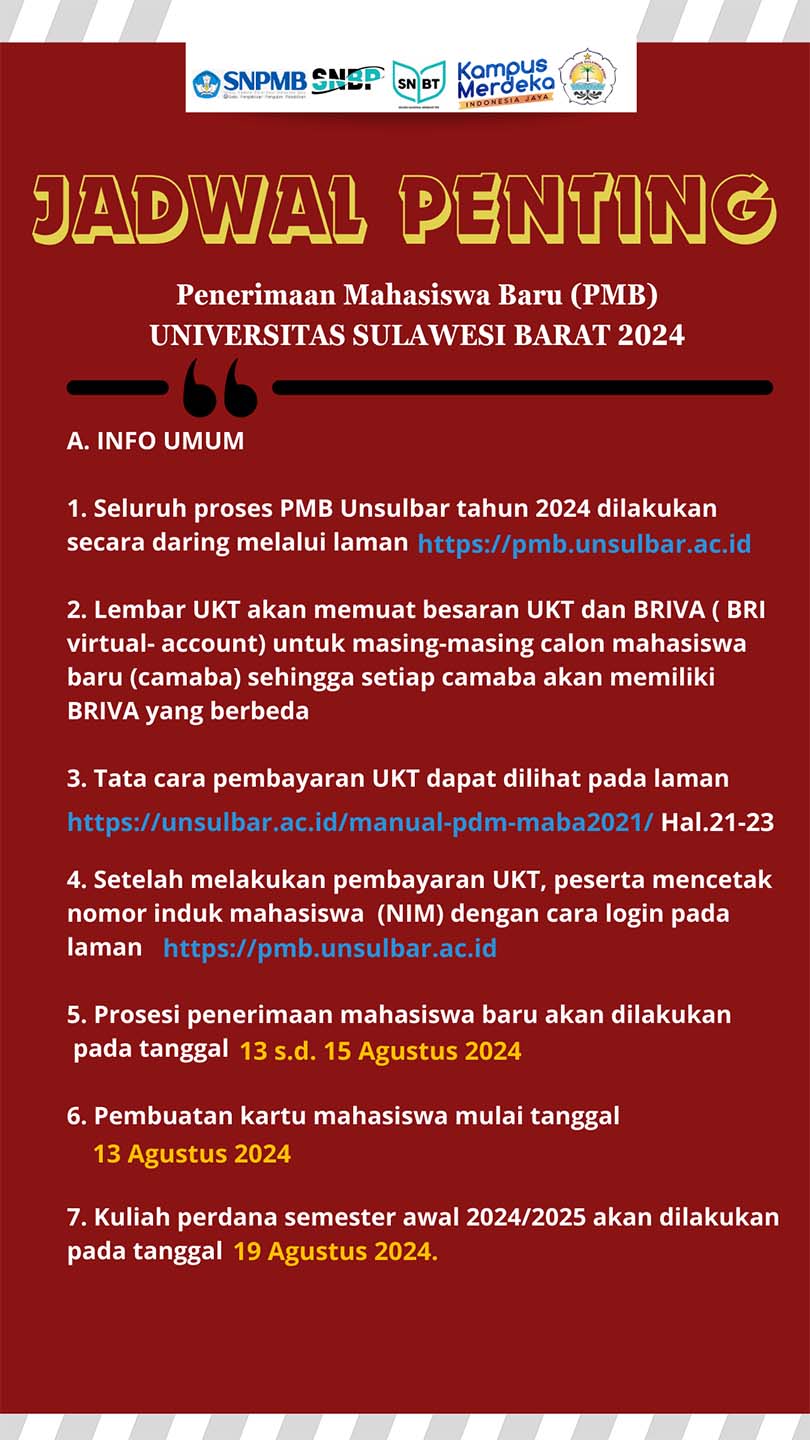 Berikut Jadwal Penting Penerimaan Mahasiswa Baru Unsulbar Tahun 2024