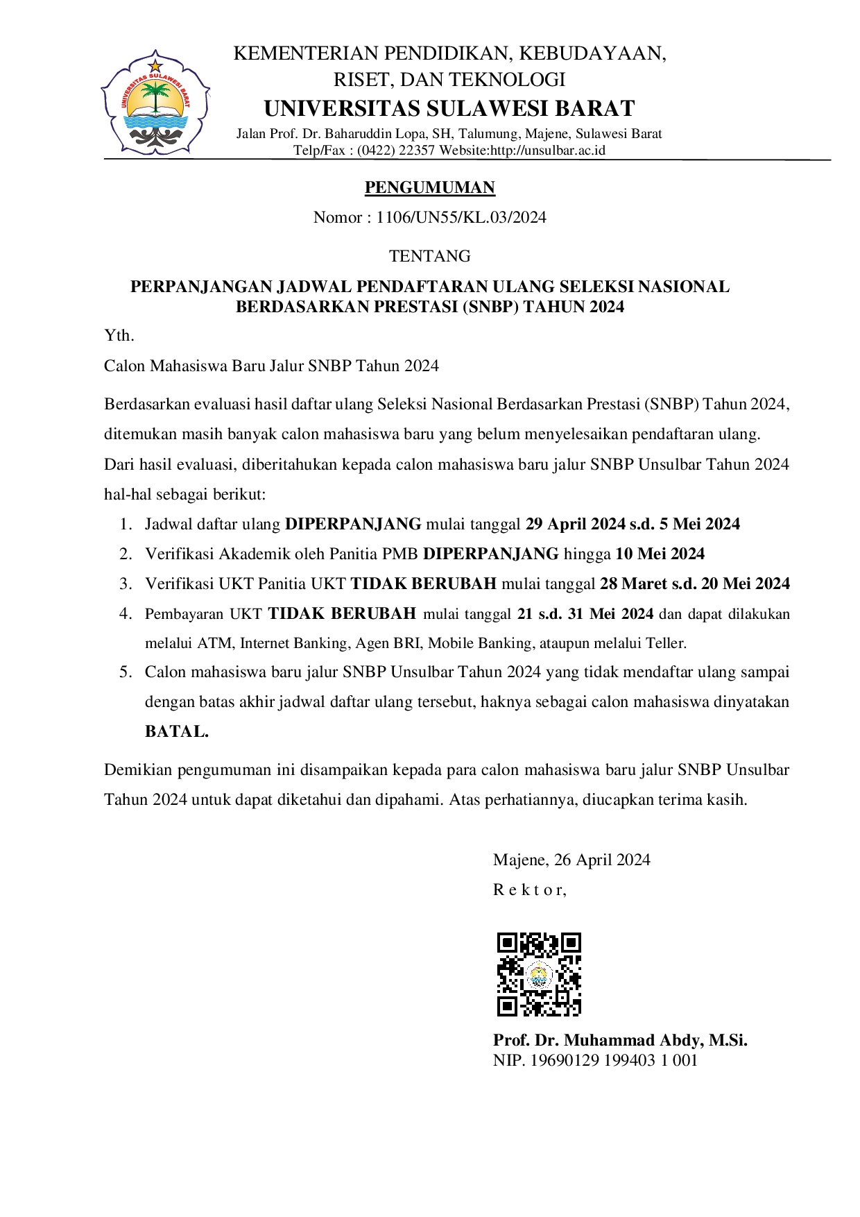 Unsulbar Perpanjang Pendaftaran Ulang Camaba SNBP 2024