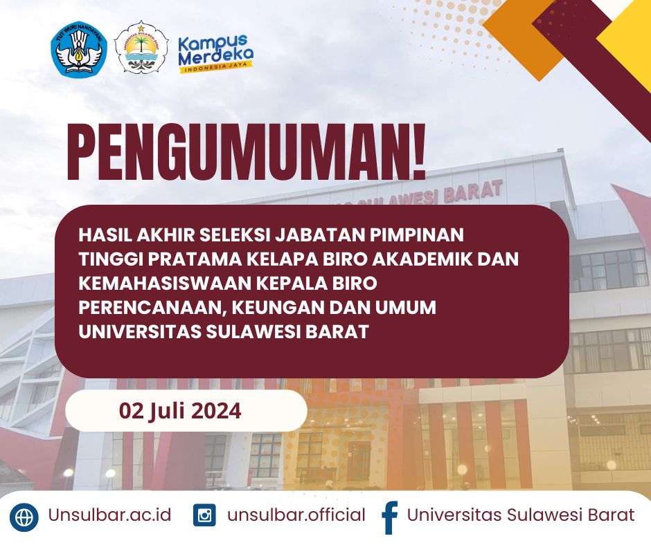 PENGUMUMAN HASIL PENILAIAN REKAM JEJAK SELEKSI JABATAN PIMPINAN TINGGI PRATAMA KELAPA BIRO AKADEMIK DAN KEMAHASISWAAN KEPALA BIRO PERENCANAAN, KEUNGAN DAN UMUM UNIVERSITAS SULAWESI BARAT