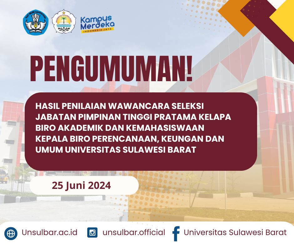 PENGUMUMAN HASIL PENILAIAN WAWANCARA SELEKSI JABATAN PIMPINAN TINGGI PRATAMA KELAPA BIRO AKADEMIK DAN KEMAHASISWAAN KEPALA BIRO PERENCANAAN, KEUNGAN DAN UMUM UNIVERSITAS SULAWESI BARAT