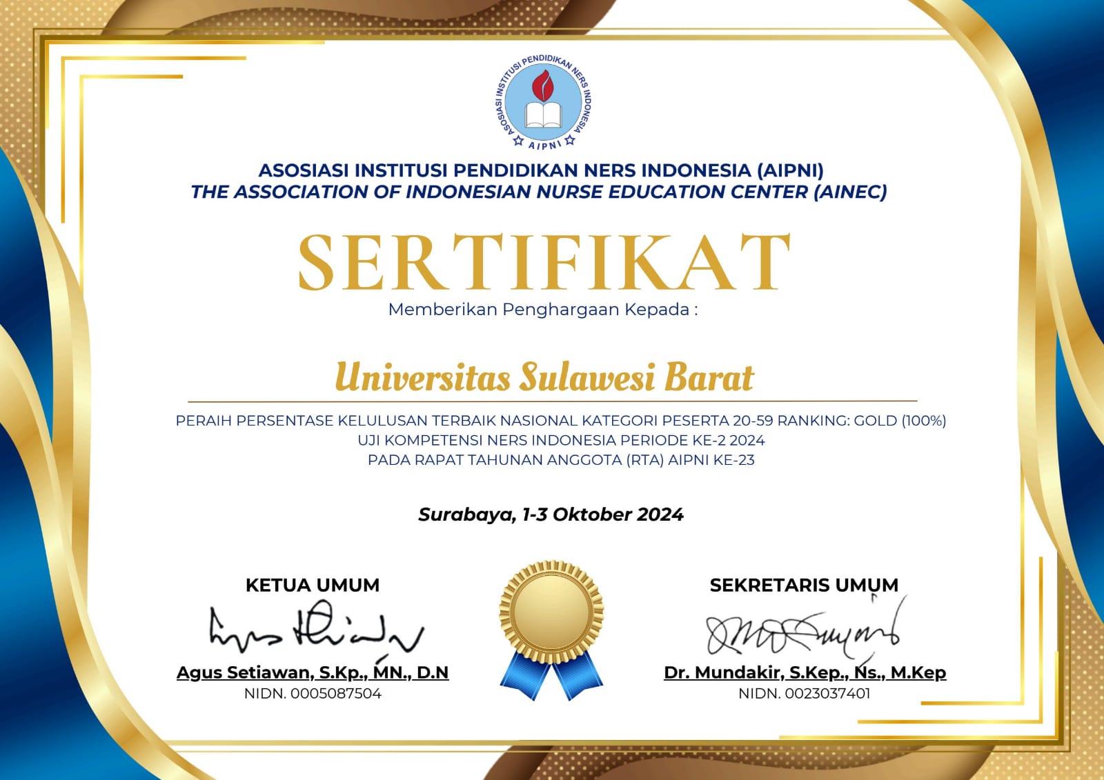 Ukir Prestasi, Unsulbar raih Rangking Gold pada Uji Kompetensi Nasional Mahasiswa Bidang Kesehatan Periode Ke 2