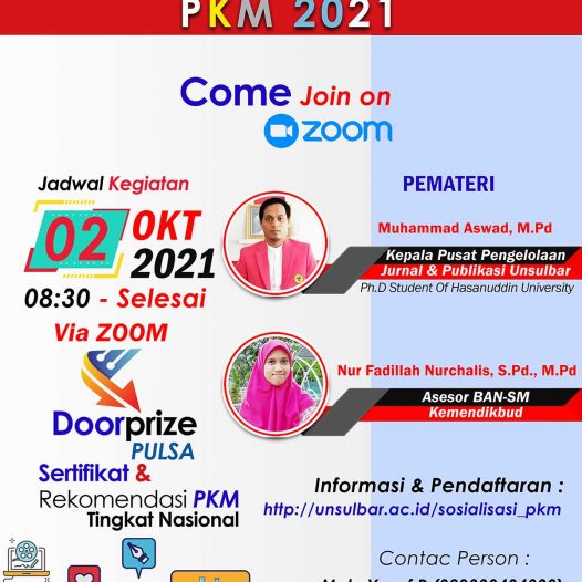 Sosialisasi Program Kreatifitas Mahasiswa (PKM) Universitas Sulawesi Barat, Sabtu 03 Oktober 2021