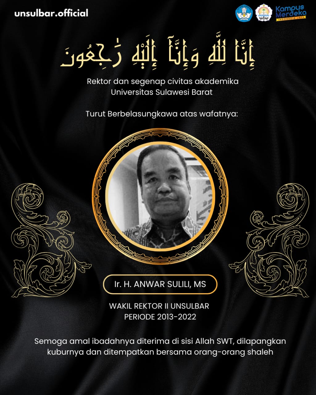 Mantan Wakil Rektor 2 Unsulbar, tutup usia di 66 tahun