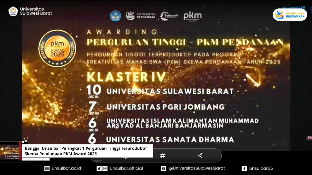 Bangga, Unsulbar Peringkat 1 Perguruan Tinggi Terproduktif Skema Pendanaan PKM Award 2025 Bangga, Unsulbar Peringkat 1 Perguruan Tinggi Terproduktif Skema Pendanaan PKM Award 2025
